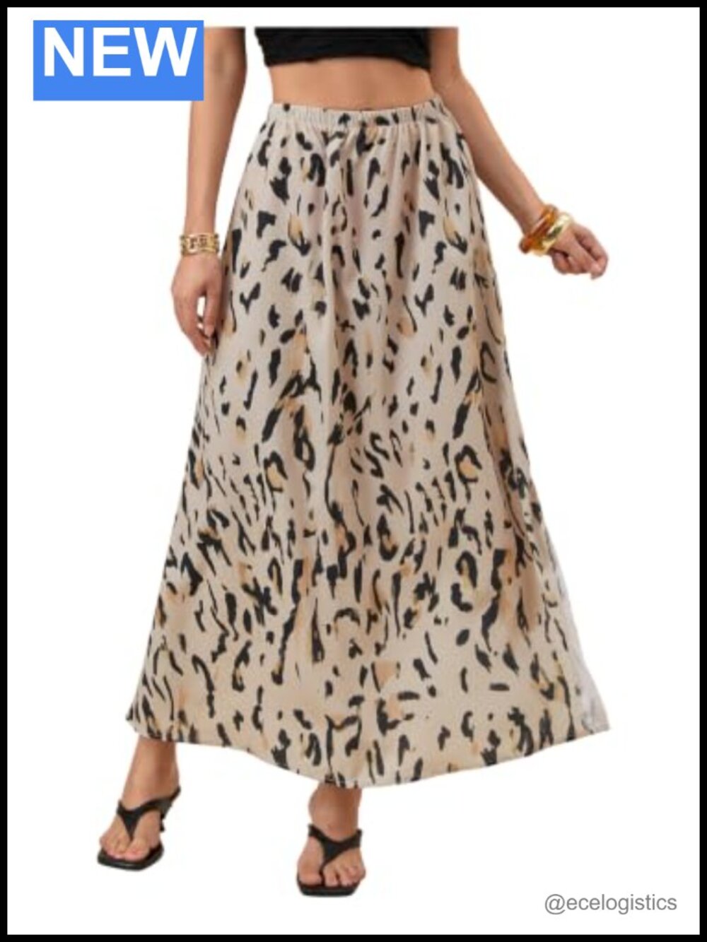 Women's Leopard Print Maxi Skirt Elastic Waist Split Hem Streetwear